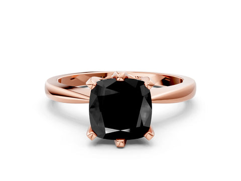 Rose gold Fancy Black Cushion Cut Solitaire Engagement Ring with Six-Prong Setting and Tapered Band