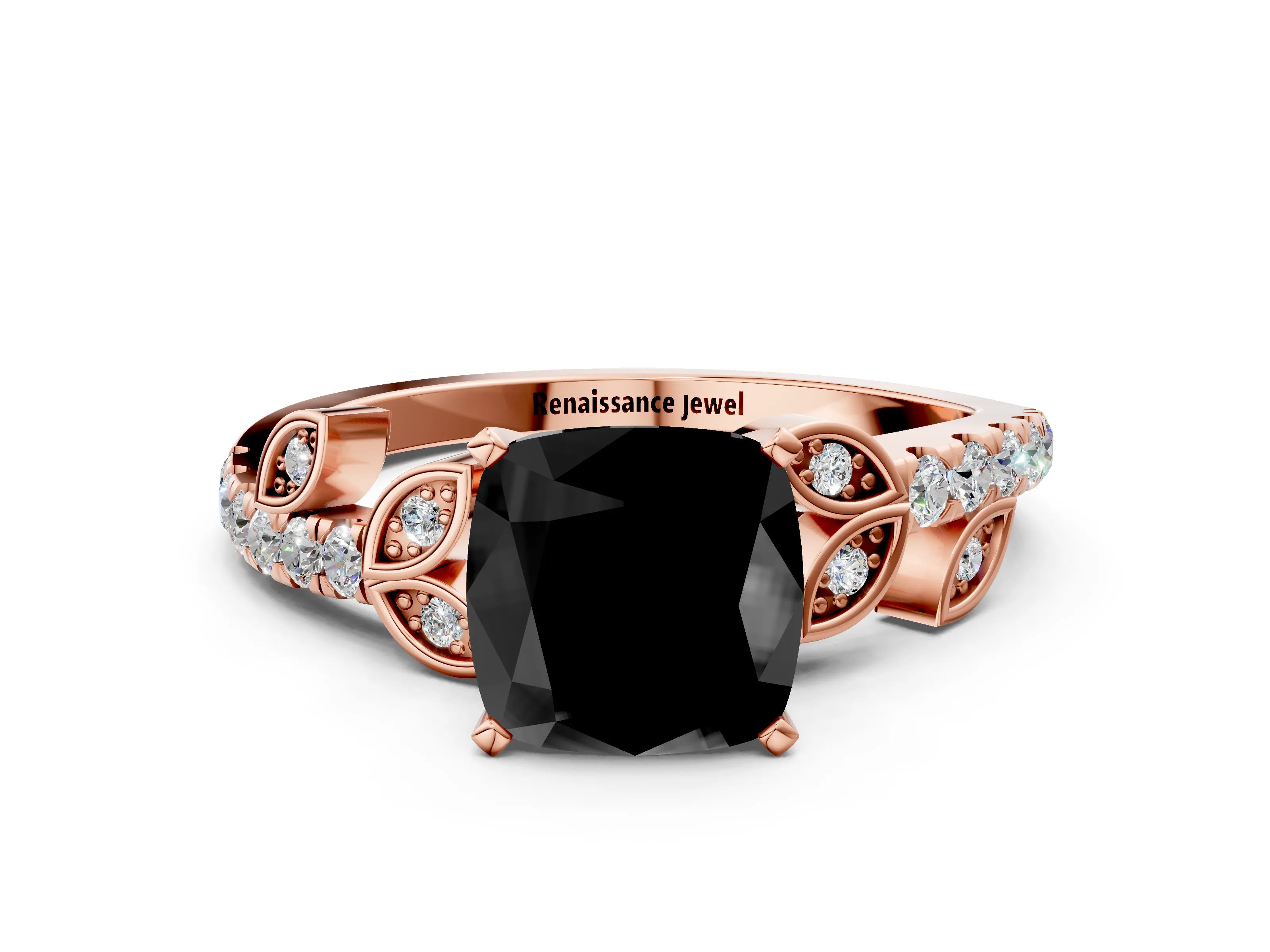 Rose gold Fancy Black Cushion Cut Solitaire Leaf-Inspired Diamond Ring with Pavé Band and Four-Prong Setting