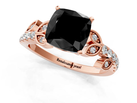 Rose gold Fancy Black Cushion Cut Solitaire Leaf-Inspired Diamond Ring with Pavé Band and Four-Prong Setting_1