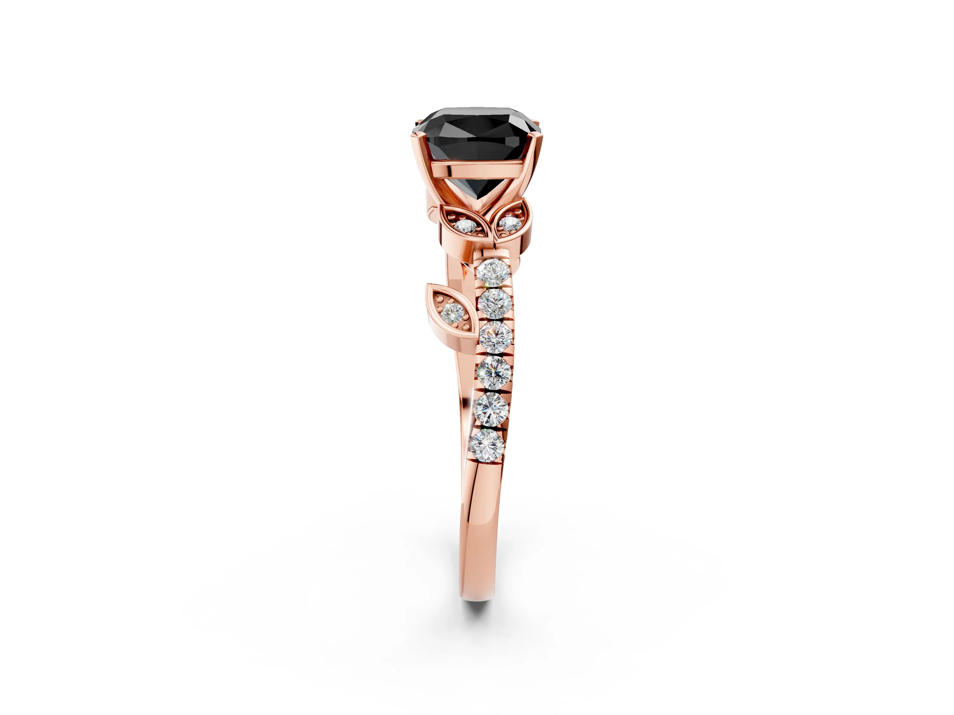 Rose gold Fancy Black Cushion Cut Solitaire Leaf-Inspired Diamond Ring with Pavé Band and Four-Prong Setting_2