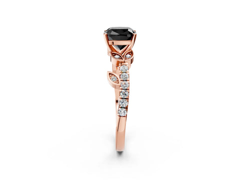 Rose gold Fancy Black Cushion Cut Solitaire Leaf-Inspired Diamond Ring with Pavé Band and Four-Prong Setting_2