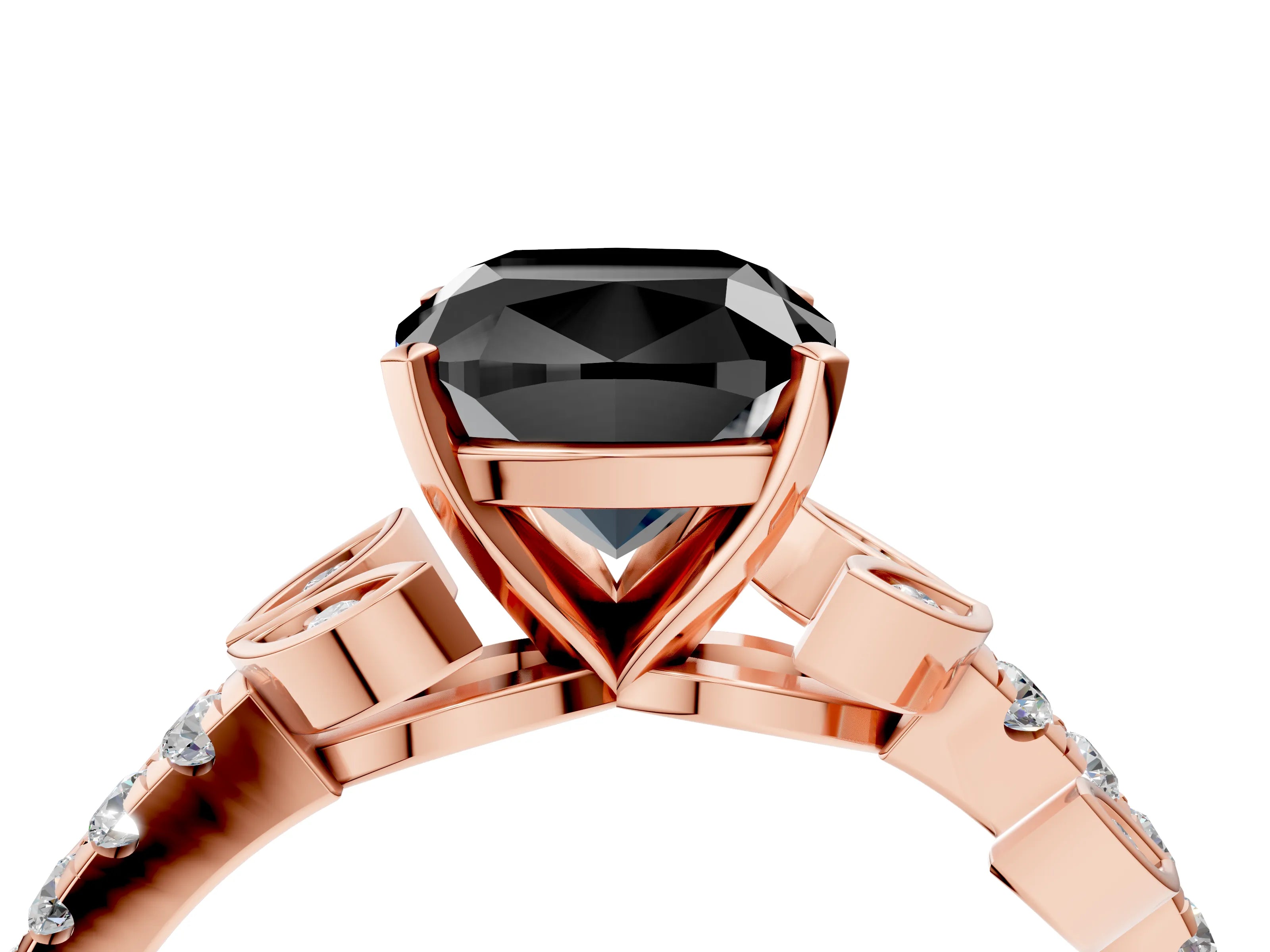 Rose gold Fancy Black Cushion Cut Solitaire Leaf-Inspired Diamond Ring with Pavé Band and Four-Prong Setting_4