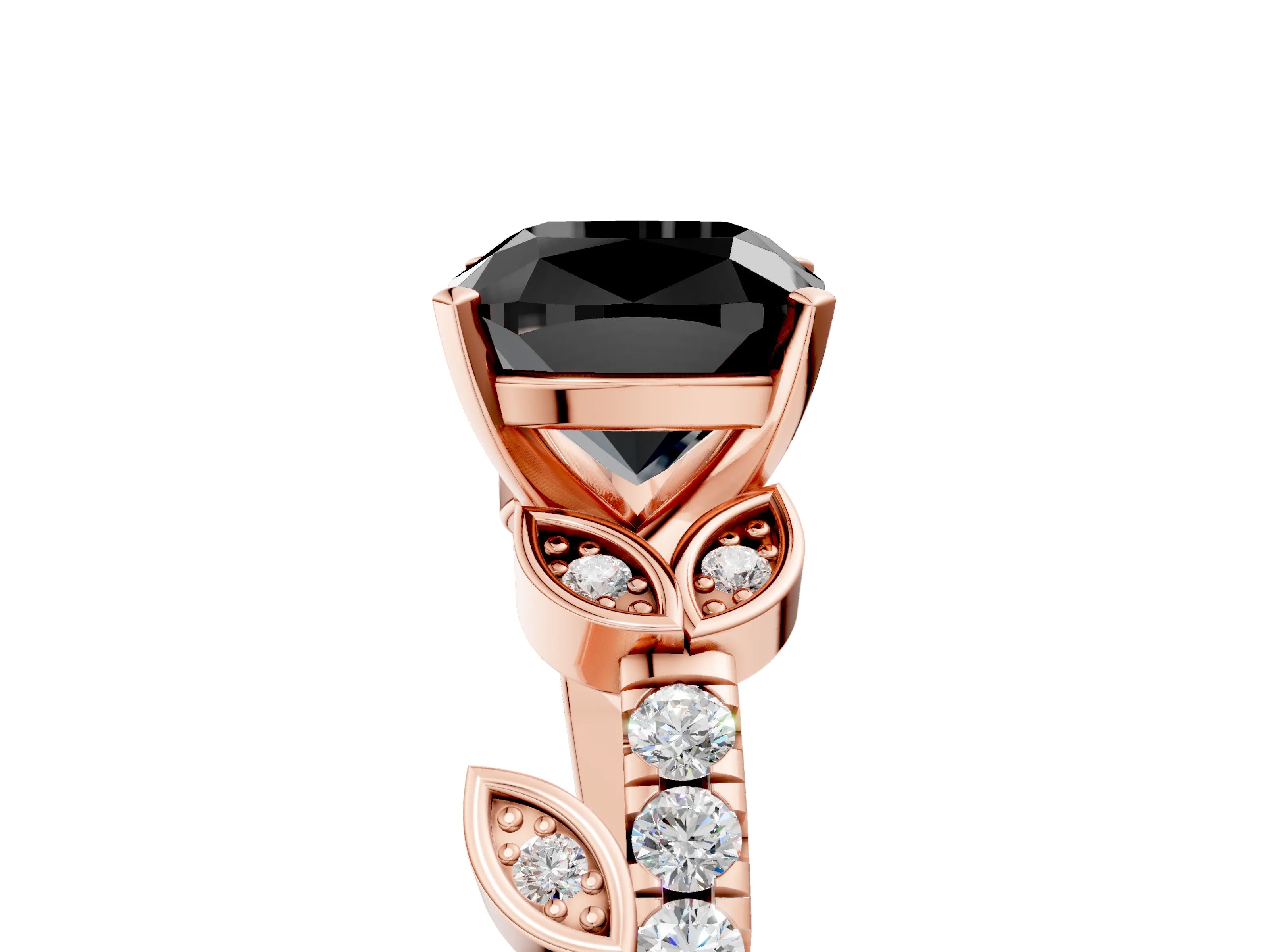 Rose gold Fancy Black Cushion Cut Solitaire Leaf-Inspired Diamond Ring with Pavé Band and Four-Prong Setting_5