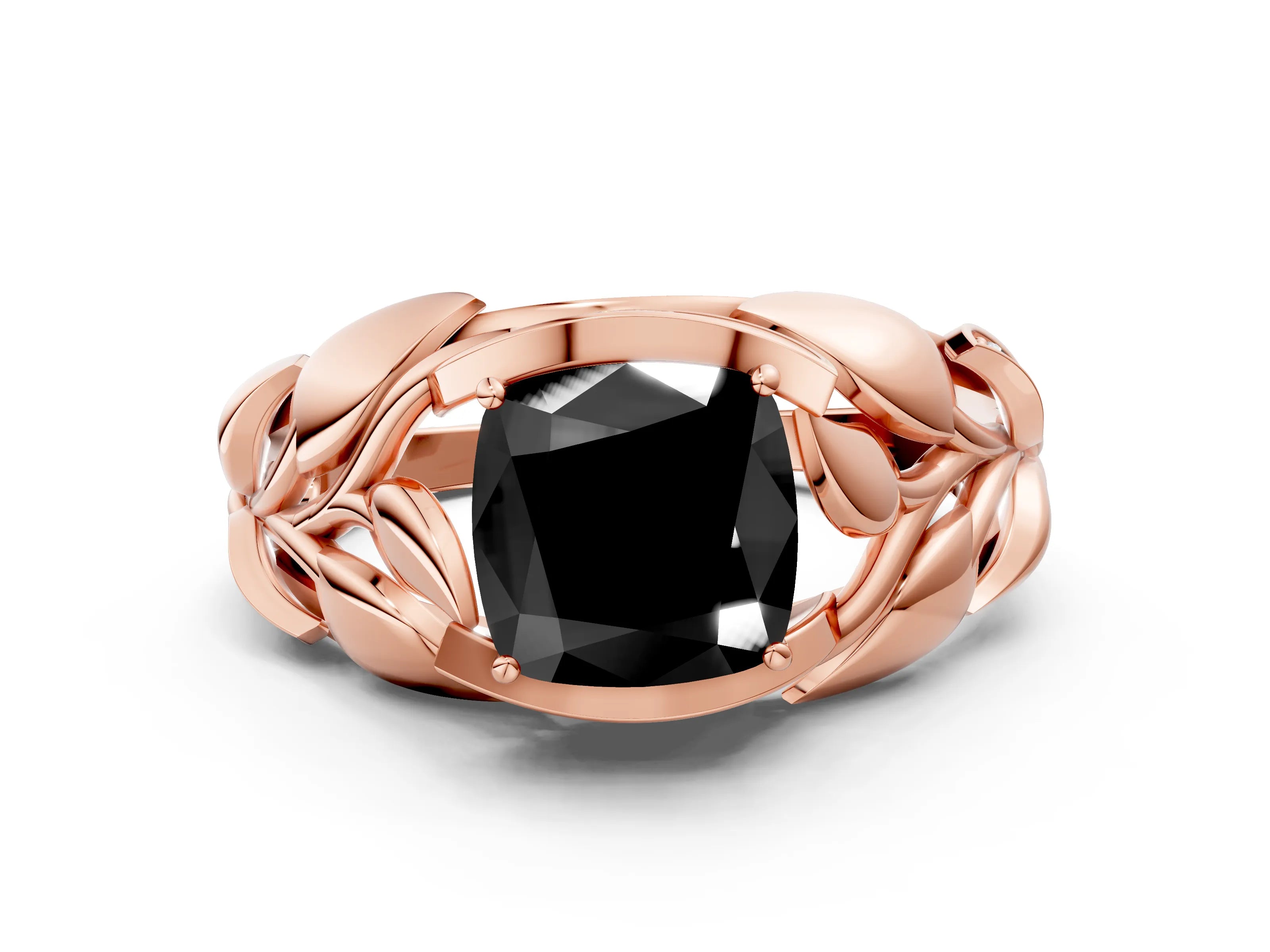 Rose gold Fancy Black Cushion Cut Solitaire Leaf-Inspired Engagement Ring with Prong Setting