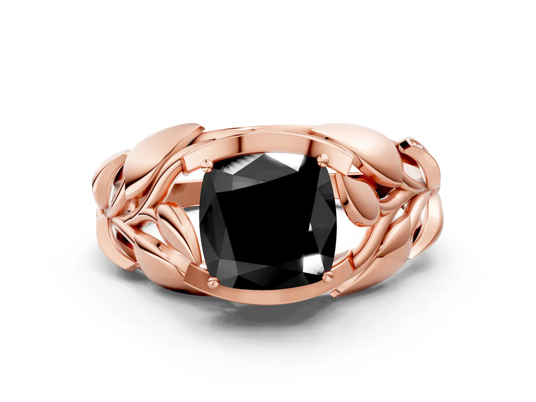 Rose gold Fancy Black Cushion Cut Solitaire Leaf-Inspired Engagement Ring with Prong Setting_12