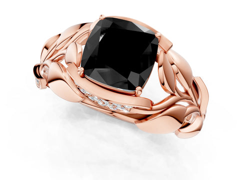 Rose gold Fancy Black Cushion Cut Solitaire Leaf-Inspired Engagement Ring with Prong Setting_1