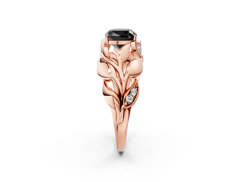 Rose gold Fancy Black Cushion Cut Solitaire Leaf-Inspired Engagement Ring with Prong Setting_2