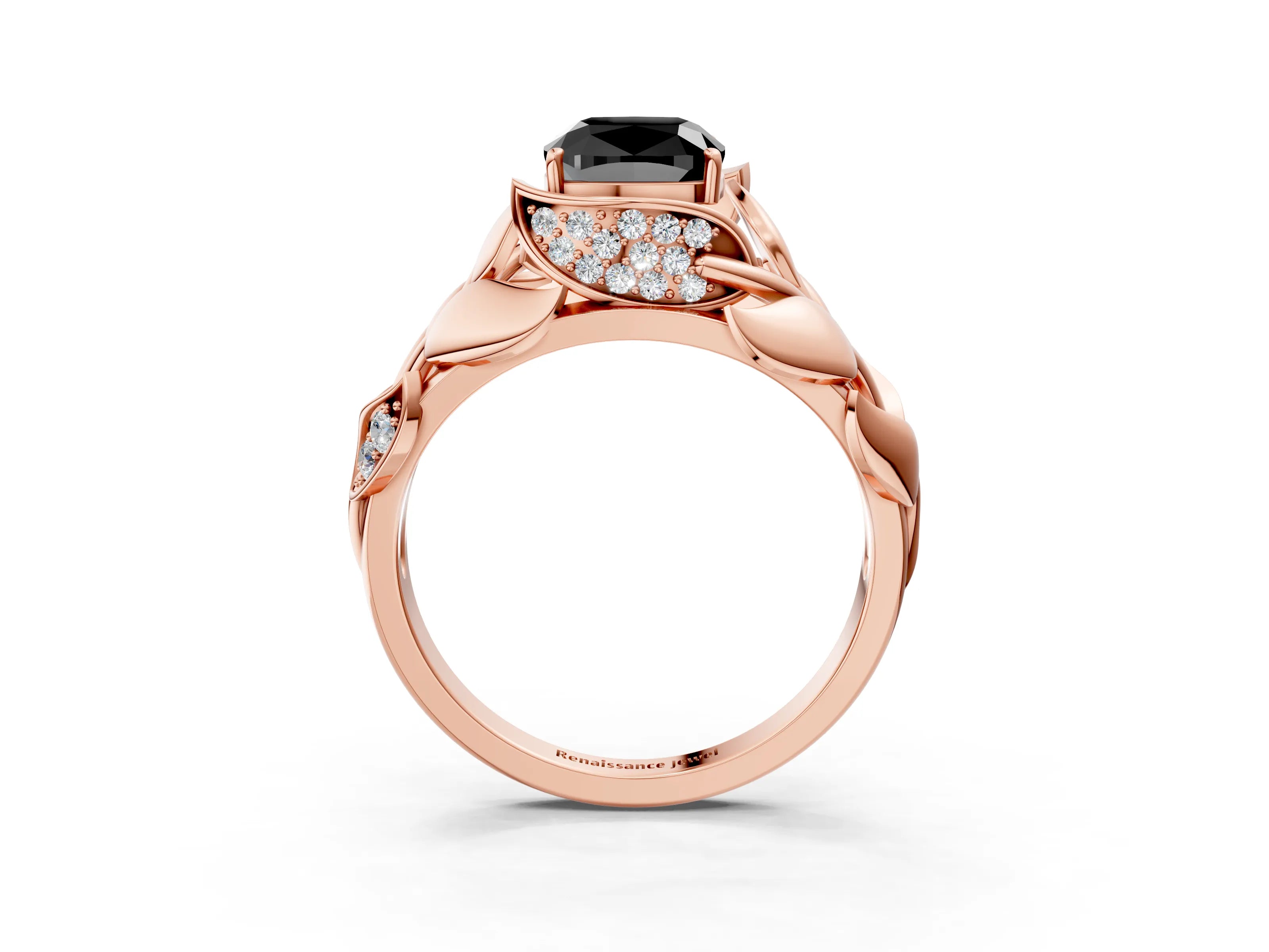 Rose gold Fancy Black Cushion Cut Solitaire Leaf-Inspired Engagement Ring with Prong Setting_3