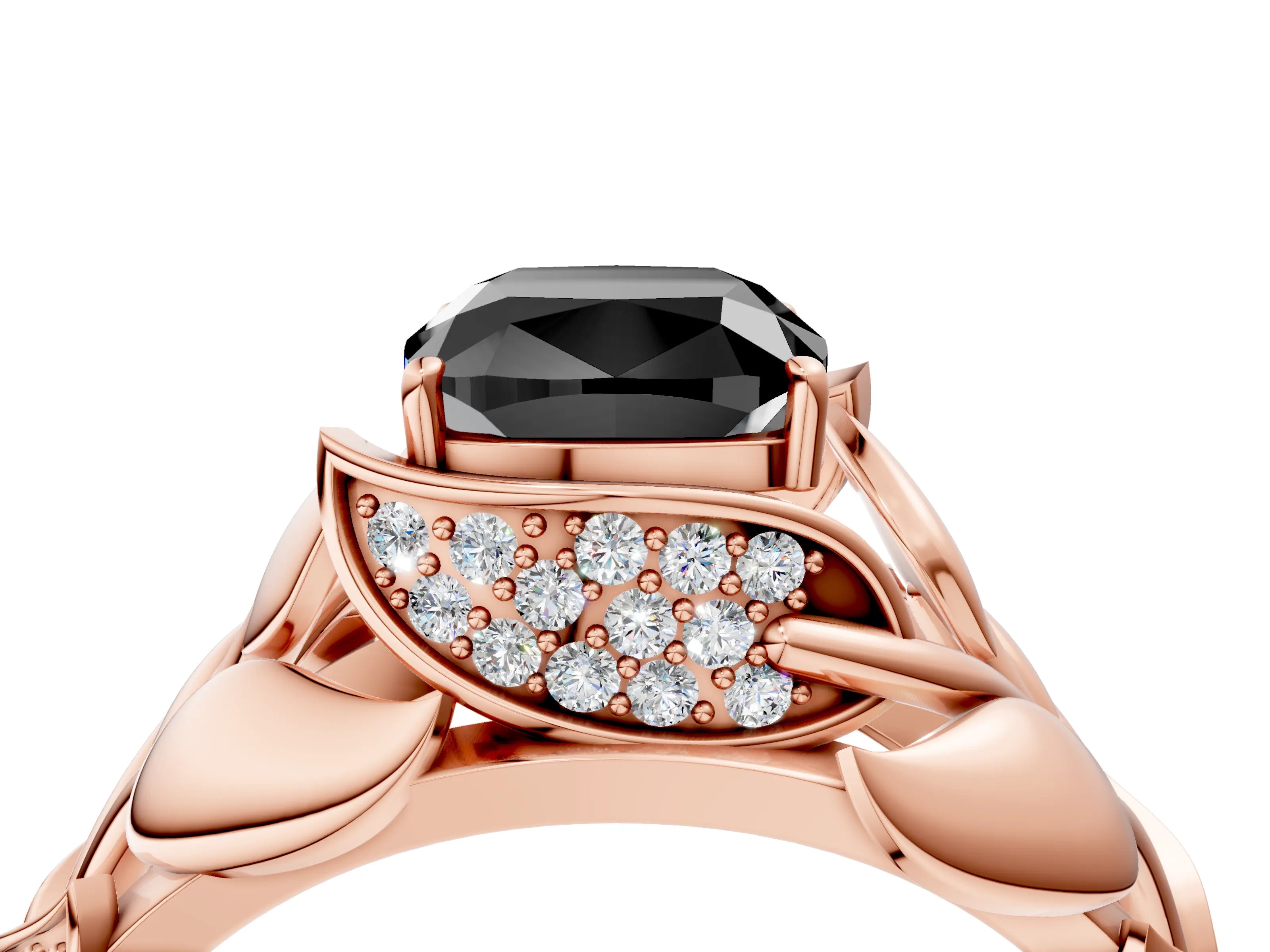 Rose gold Fancy Black Cushion Cut Solitaire Leaf-Inspired Engagement Ring with Prong Setting_4