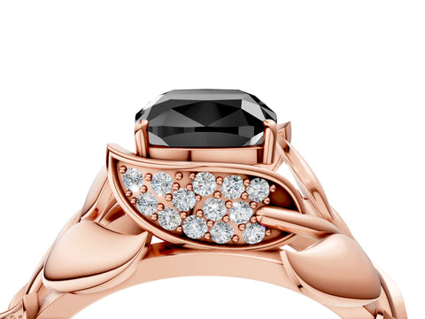 Rose gold Fancy Black Cushion Cut Solitaire Leaf-Inspired Engagement Ring with Prong Setting_4