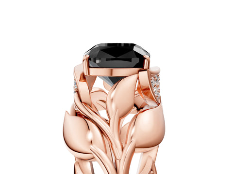 Rose gold Fancy Black Cushion Cut Solitaire Leaf-Inspired Engagement Ring with Prong Setting_5