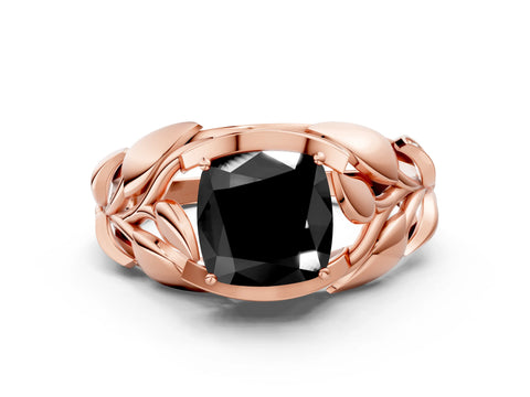 Rose gold Fancy Black Cushion Cut Solitaire Leaf-Inspired Engagement Ring with Prong Setting