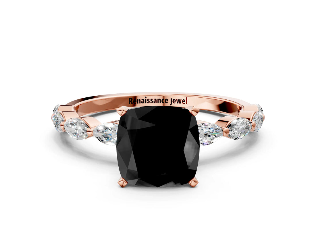 Rose gold Fancy Black Cushion Cut Solitaire Marquise Side Stone Prong Setting Ring