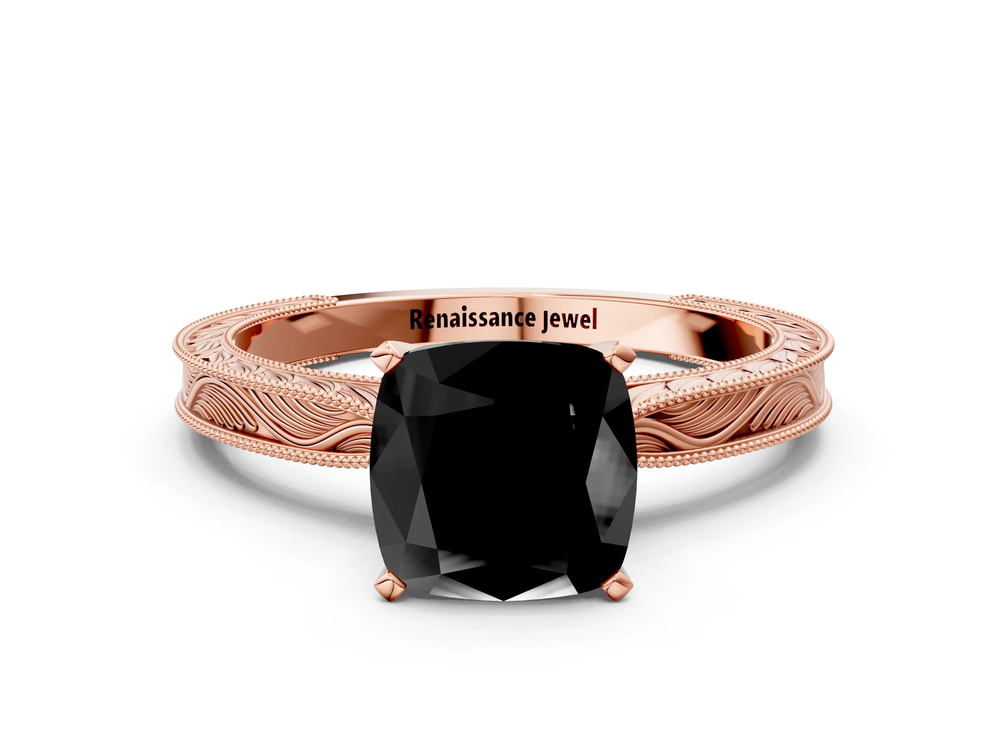 Rose gold Fancy Black Cushion Cut Solitaire Milgrain Engraved Band with Four-Prong Setting