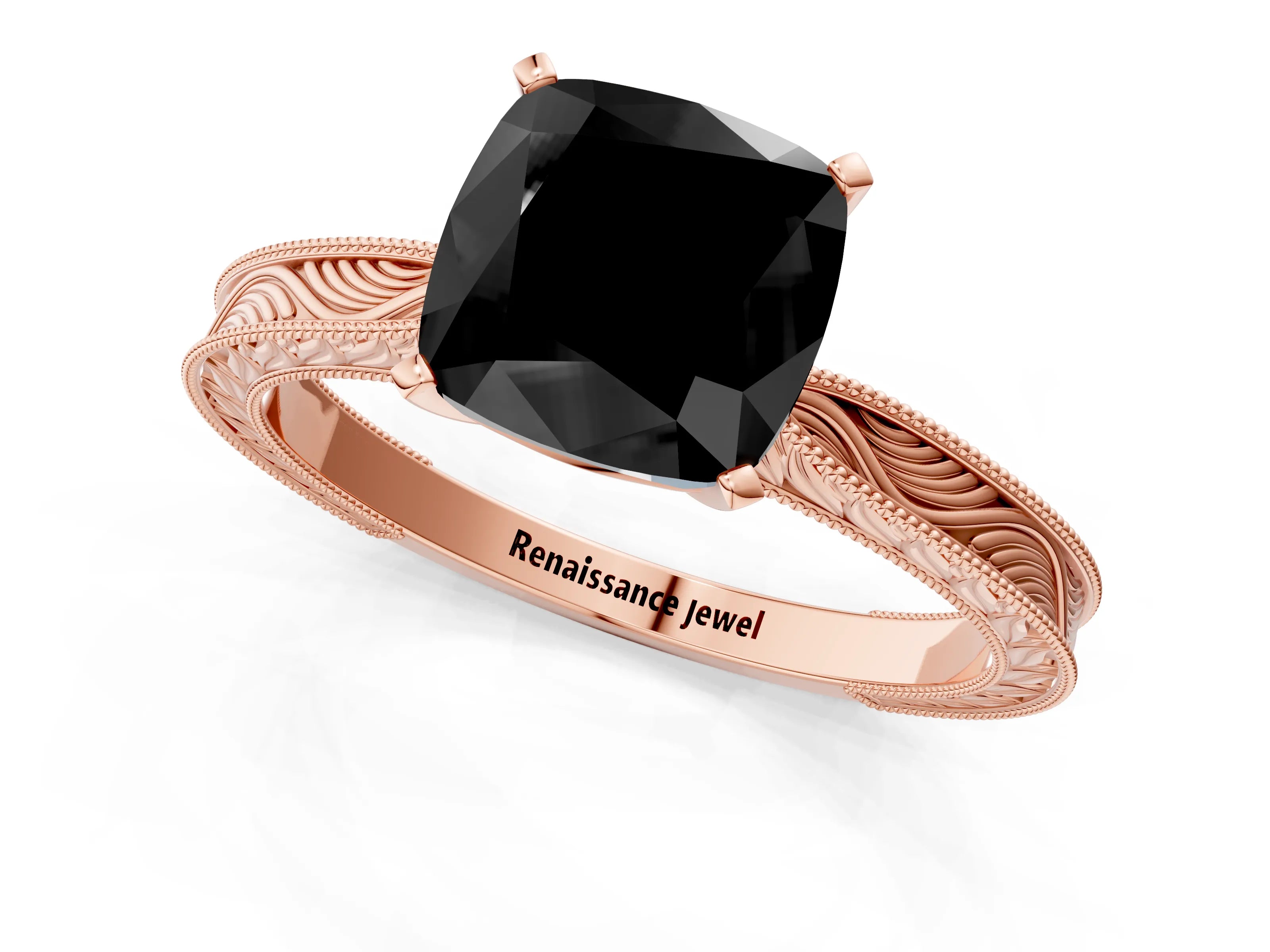 Rose gold Fancy Black Cushion Cut Solitaire Milgrain Engraved Band with Four-Prong Setting_1