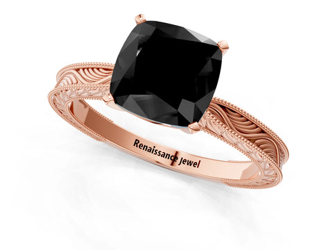 Rose gold Fancy Black Cushion Cut Solitaire Milgrain Engraved Band with Four-Prong Setting_1