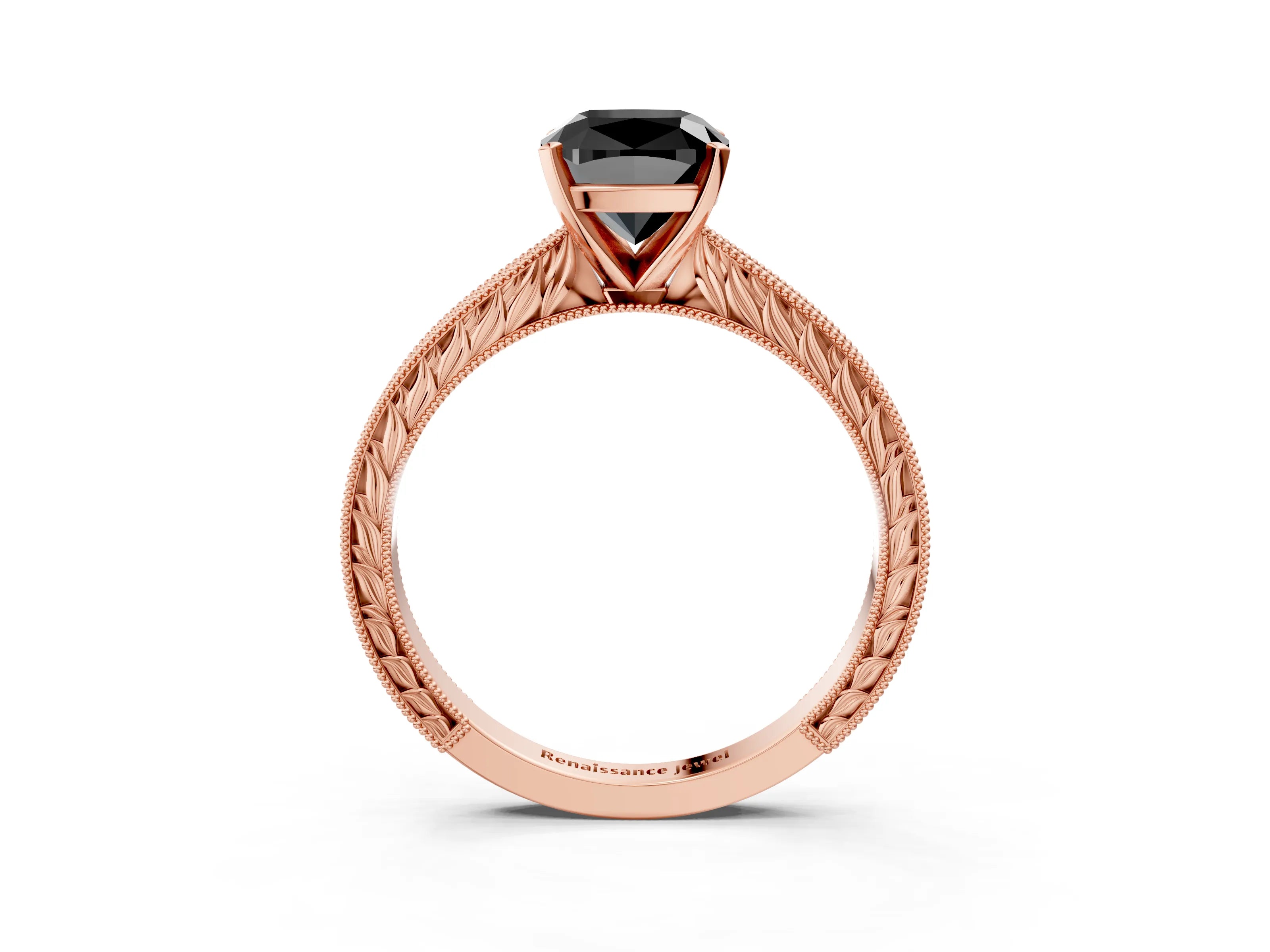 Rose gold Fancy Black Cushion Cut Solitaire Milgrain Engraved Band with Four-Prong Setting_3