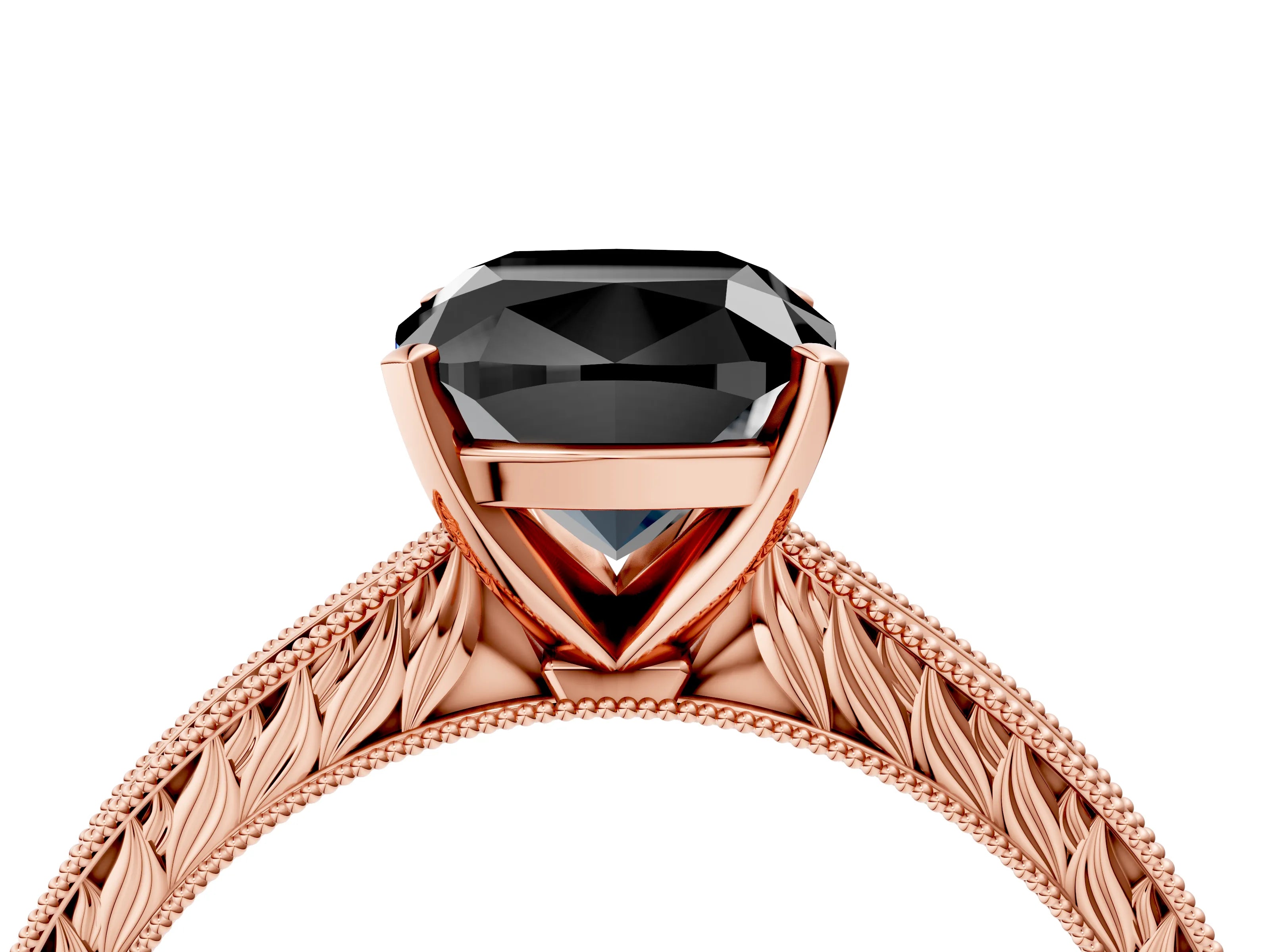 Rose gold Fancy Black Cushion Cut Solitaire Milgrain Engraved Band with Four-Prong Setting_4