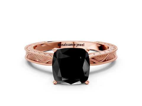 Rose gold Fancy Black Cushion Cut Solitaire Milgrain Engraved Band with Four-Prong Setting