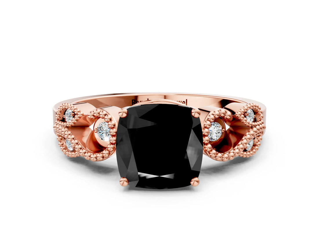 Rose gold Fancy Black Cushion Cut Solitaire Milgrain Leaf Band with Prong Setting