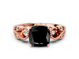 Rose gold Fancy Black Cushion Cut Solitaire Milgrain Leaf Band with Prong Setting