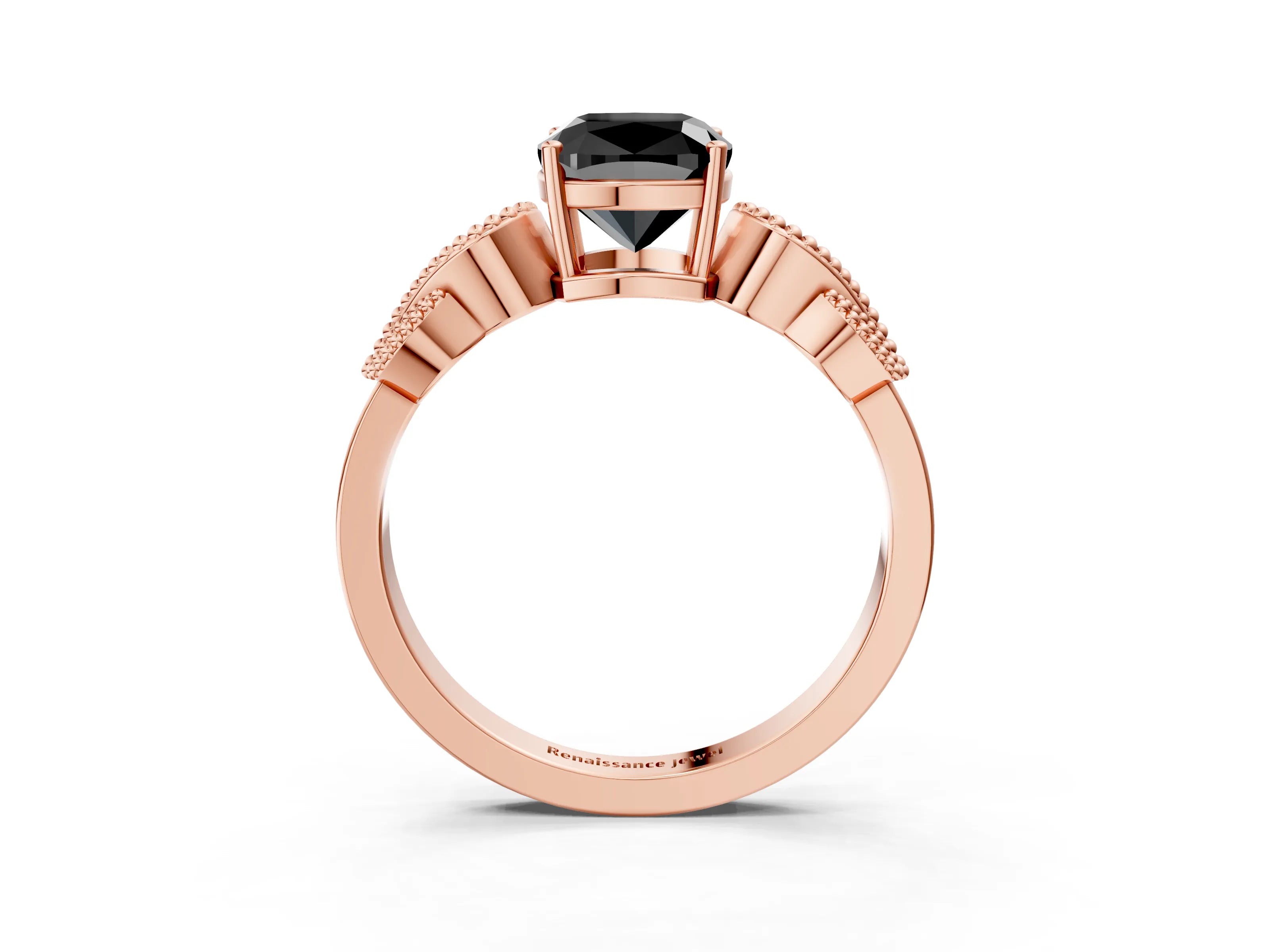 Rose gold Fancy Black Cushion Cut Solitaire Milgrain Leaf Band with Prong Setting_3