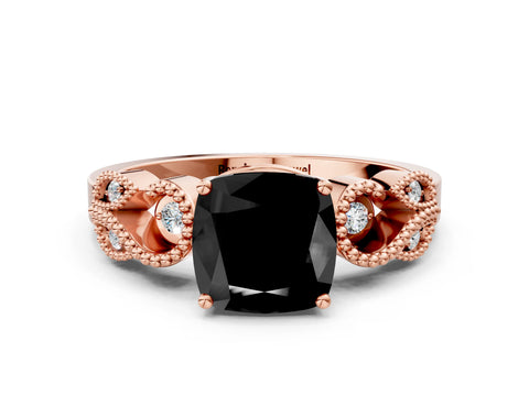 Rose gold Fancy Black Cushion Cut Solitaire Milgrain Leaf Band with Prong Setting