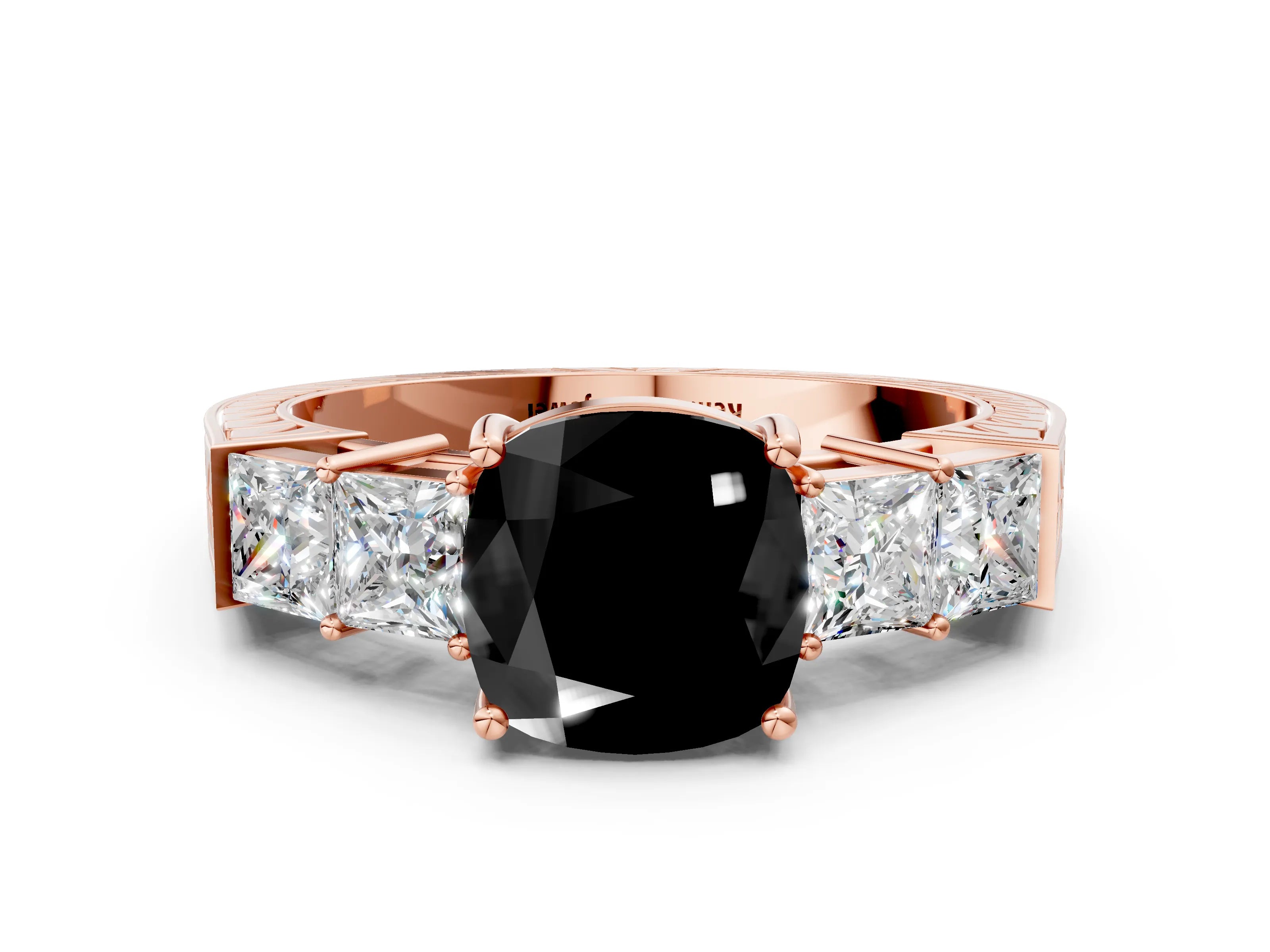 Rose gold Fancy Black Cushion Cut Solitaire Princess Side Stone Engraved Band Prong Setting Ring