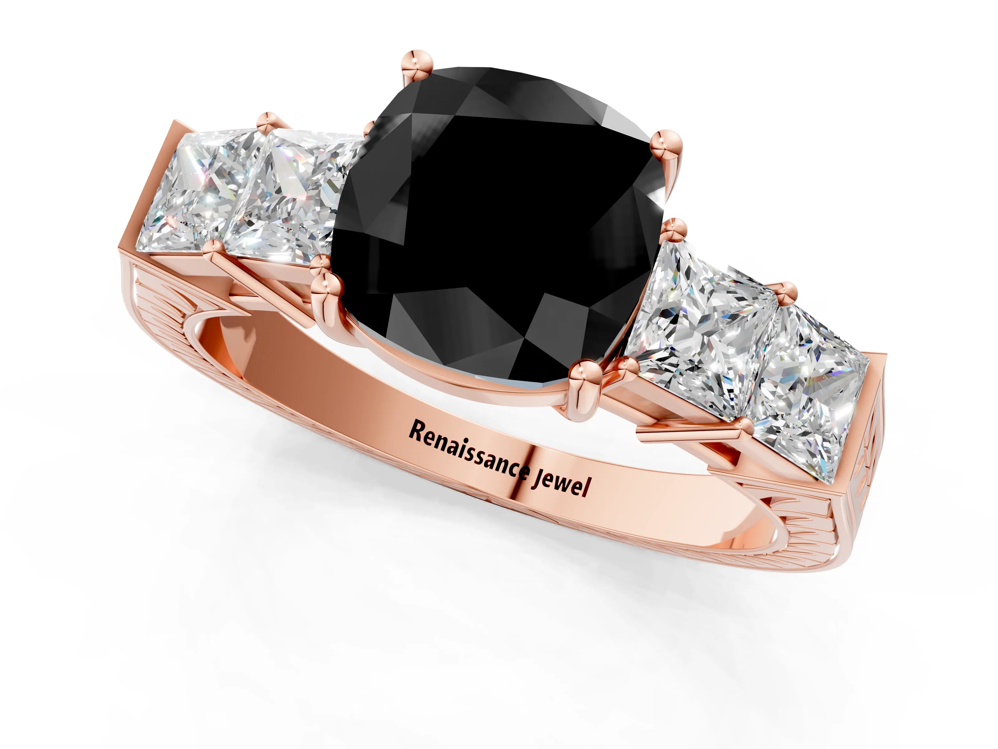 Rose gold Fancy Black Cushion Cut Solitaire Princess Side Stone Engraved Band Prong Setting Ring_1