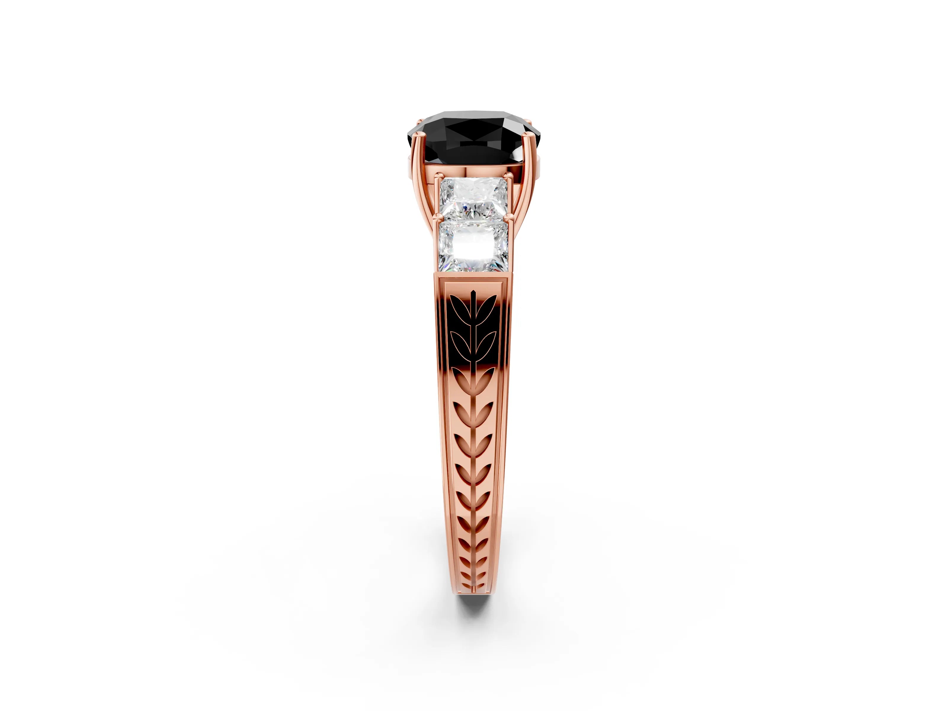 Rose gold Fancy Black Cushion Cut Solitaire Princess Side Stone Engraved Band Prong Setting Ring_2