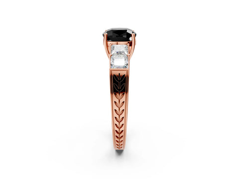 Rose gold Fancy Black Cushion Cut Solitaire Princess Side Stone Engraved Band Prong Setting Ring_2