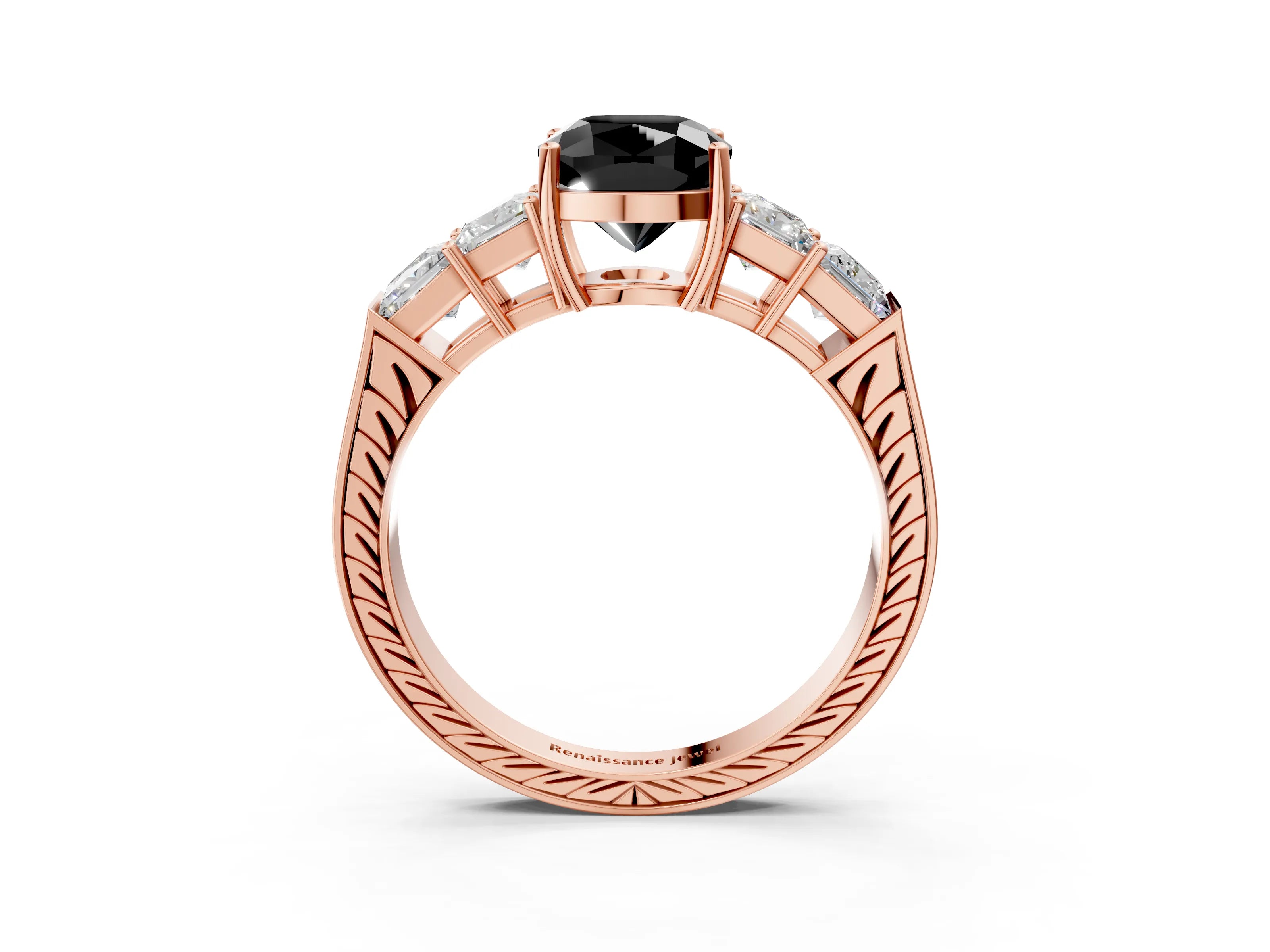 Rose gold Fancy Black Cushion Cut Solitaire Princess Side Stone Engraved Band Prong Setting Ring_3