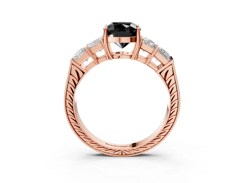 Rose gold Fancy Black Cushion Cut Solitaire Princess Side Stone Engraved Band Prong Setting Ring_3