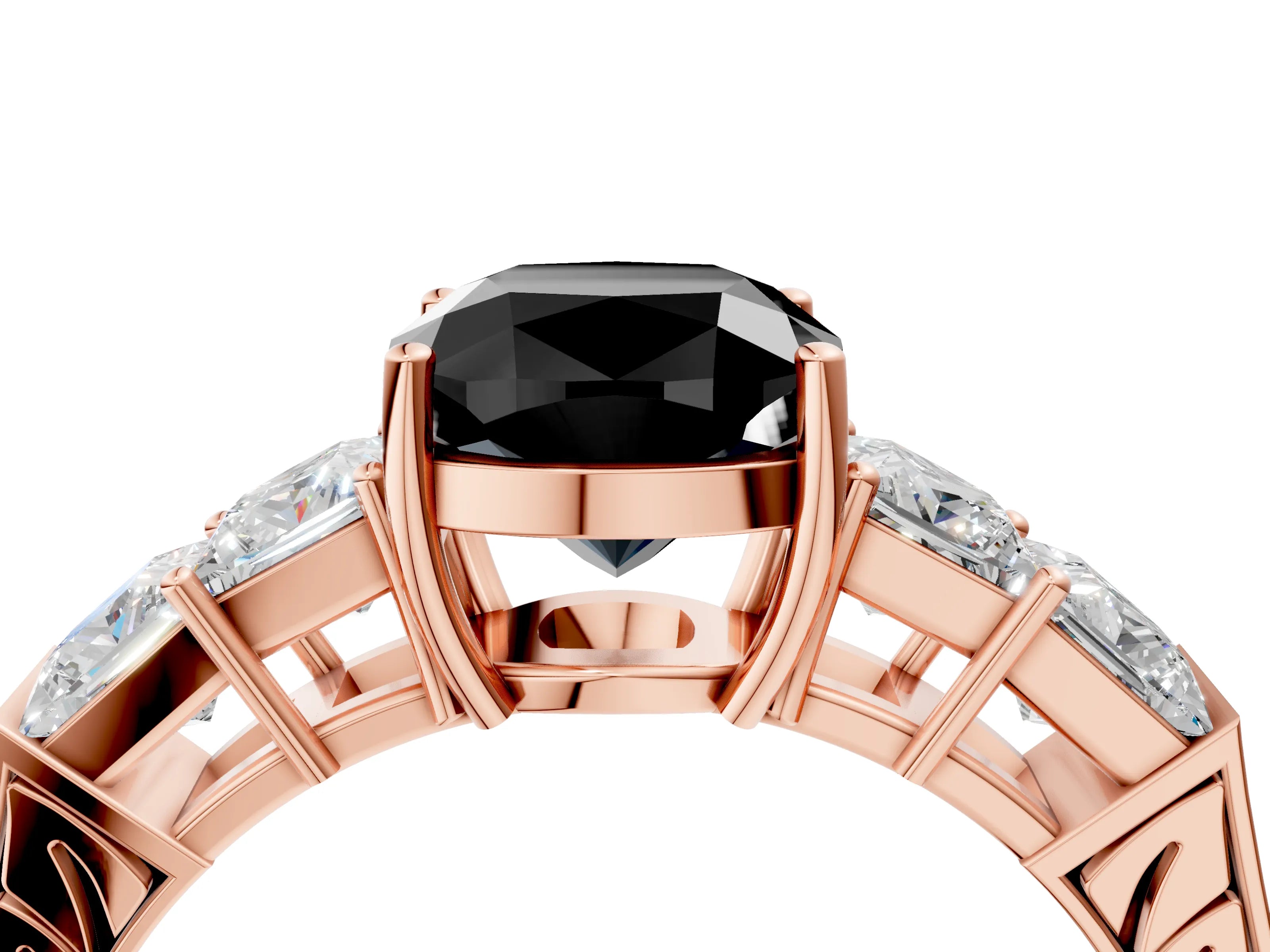 Rose gold Fancy Black Cushion Cut Solitaire Princess Side Stone Engraved Band Prong Setting Ring_4