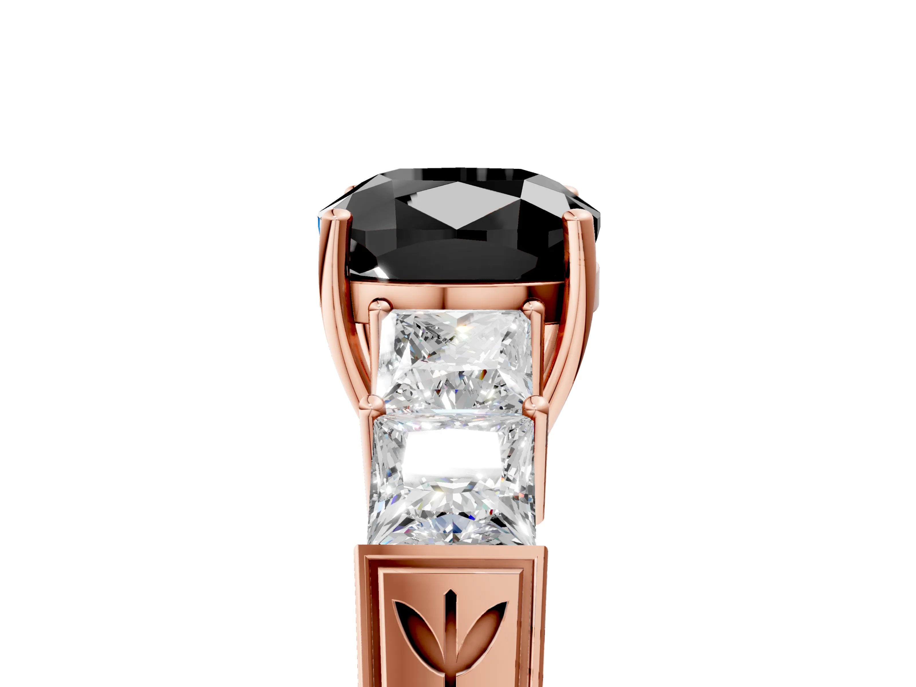 Rose gold Fancy Black Cushion Cut Solitaire Princess Side Stone Engraved Band Prong Setting Ring_5