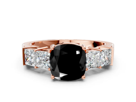 Rose gold Fancy Black Cushion Cut Solitaire Princess Side Stone Engraved Band Prong Setting Ring