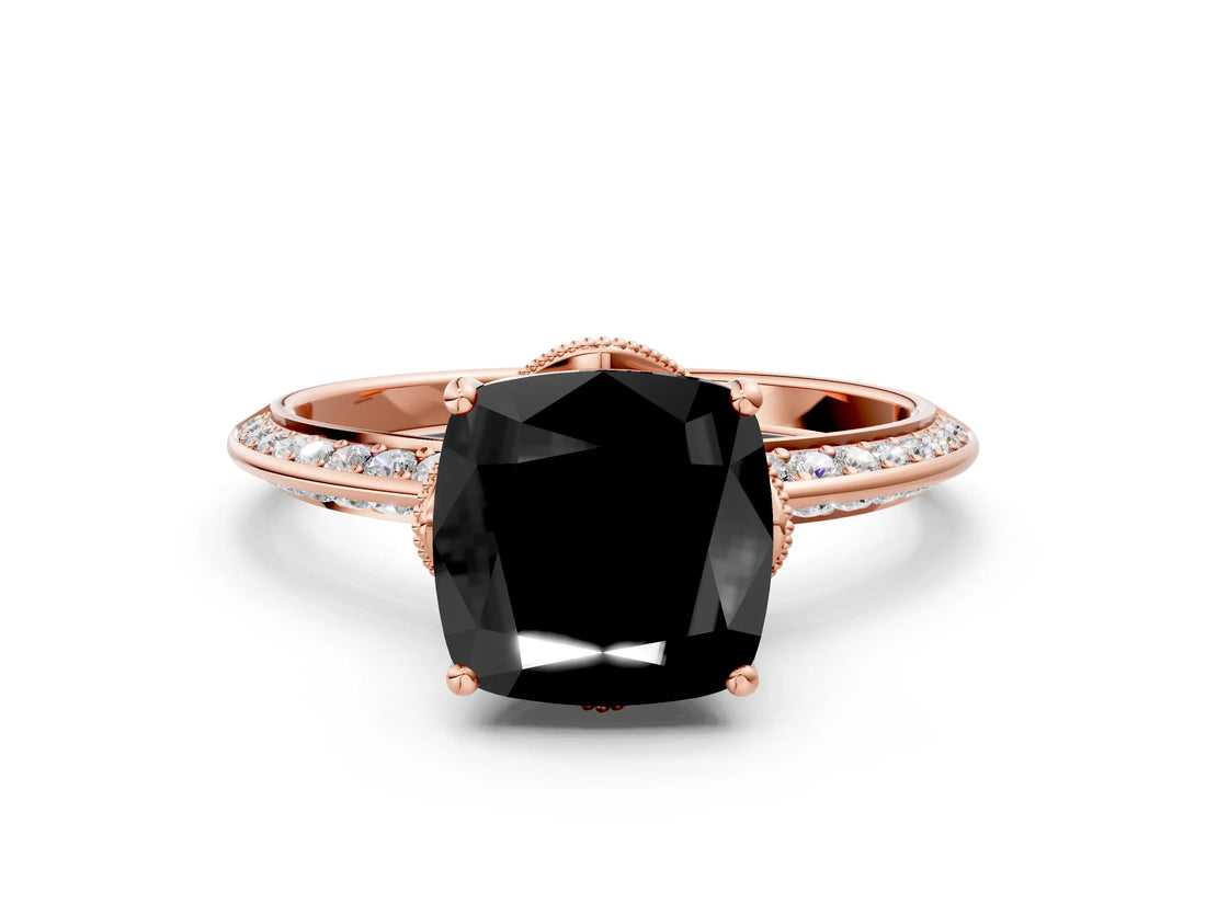 Rose gold Fancy Black Cushion Cut Solitaire Split Shank Pave Diamond Engagement Ring with Four-Prong Setting