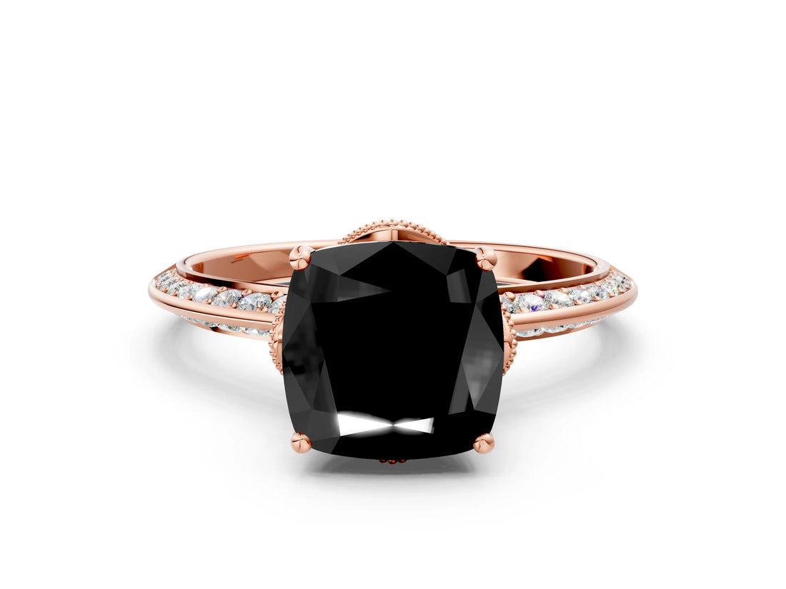 Rose gold Fancy Black Cushion Cut Solitaire Split Shank Pave Diamond Engagement Ring with Four-Prong Setting_24
