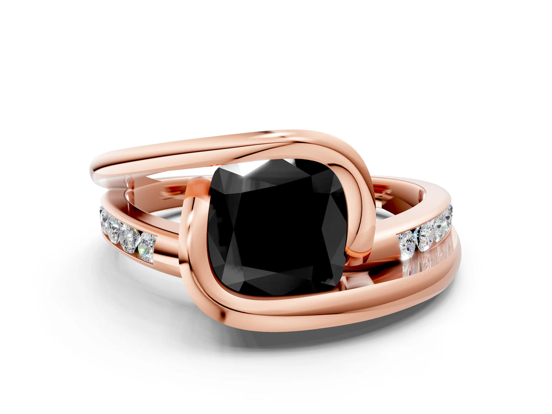 Rose gold Fancy Black Cushion Cut Solitaire Tension-Set Diamond Split Shank Ring