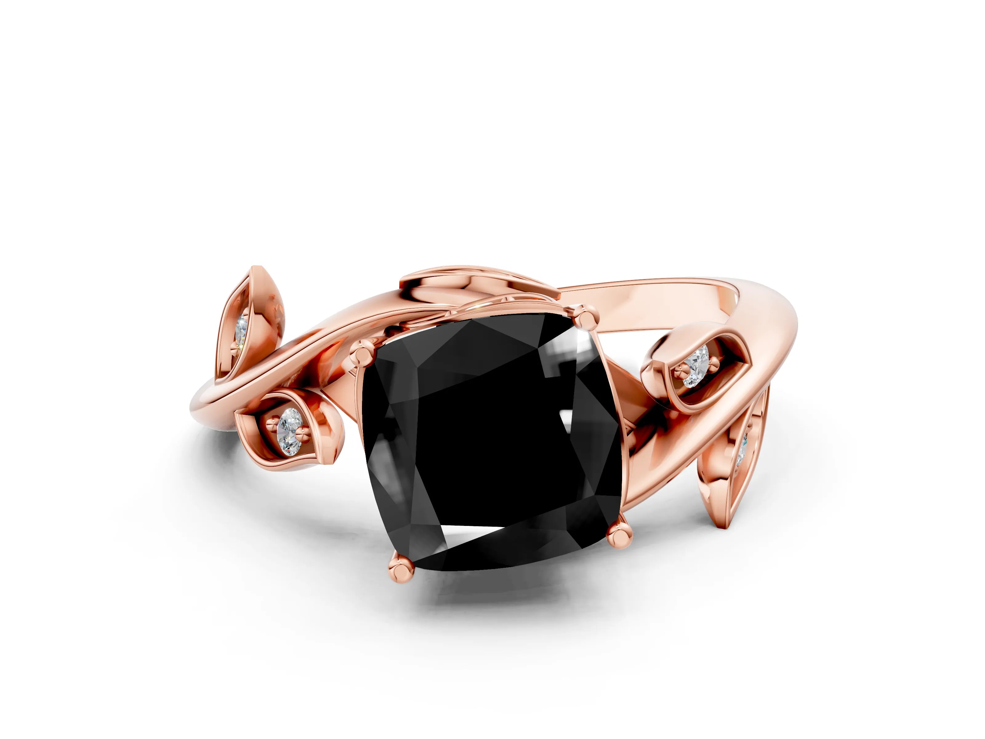 Rose gold Fancy Black Cushion Cut Solitaire Twist Engagement Ring with Leaf Accents and Prong Setting_13