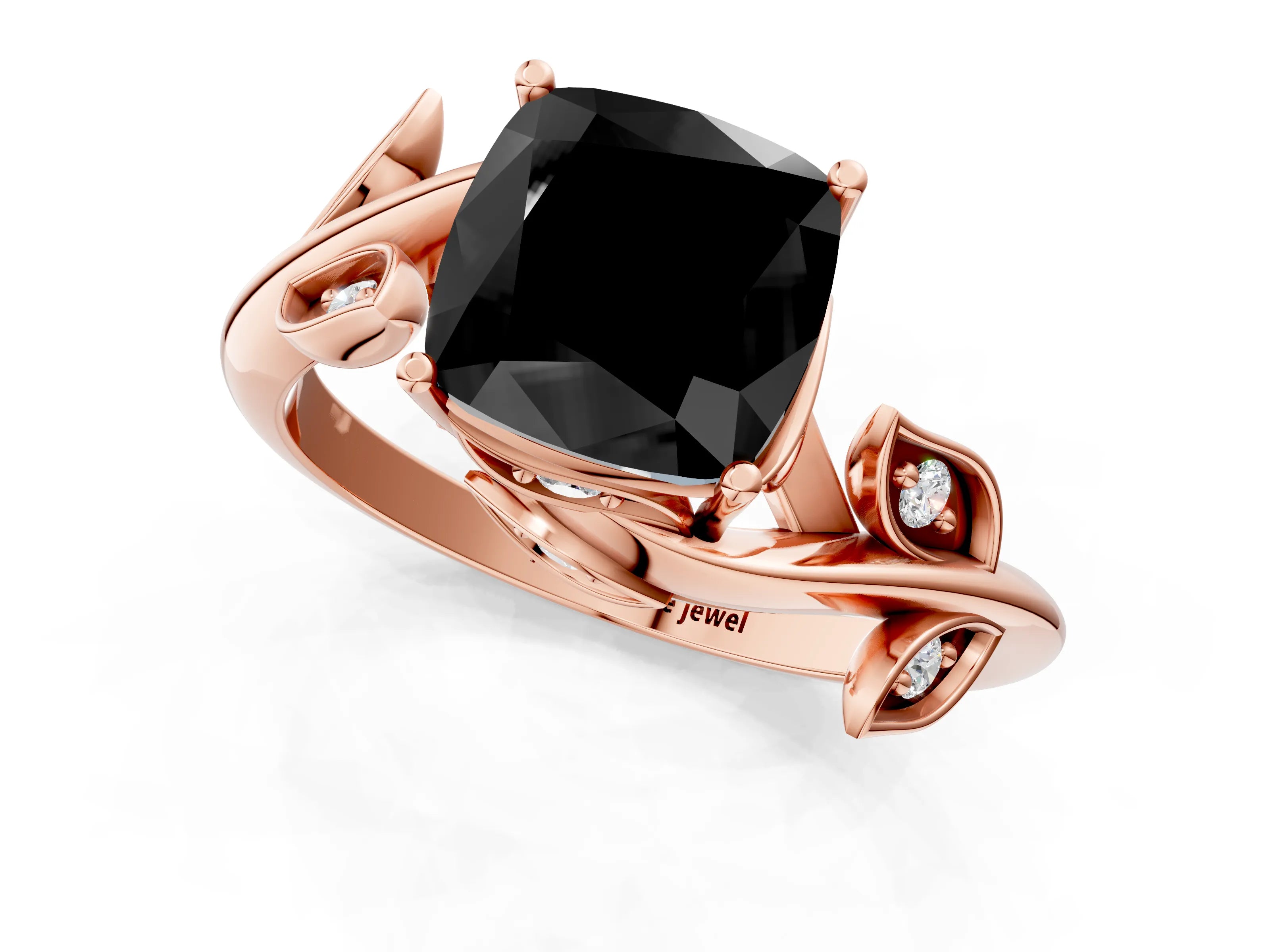Rose gold Fancy Black Cushion Cut Solitaire Twist Engagement Ring with Leaf Accents and Prong Setting_14