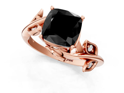 Rose gold Fancy Black Cushion Cut Solitaire Twist Engagement Ring with Leaf Accents and Prong Setting_14