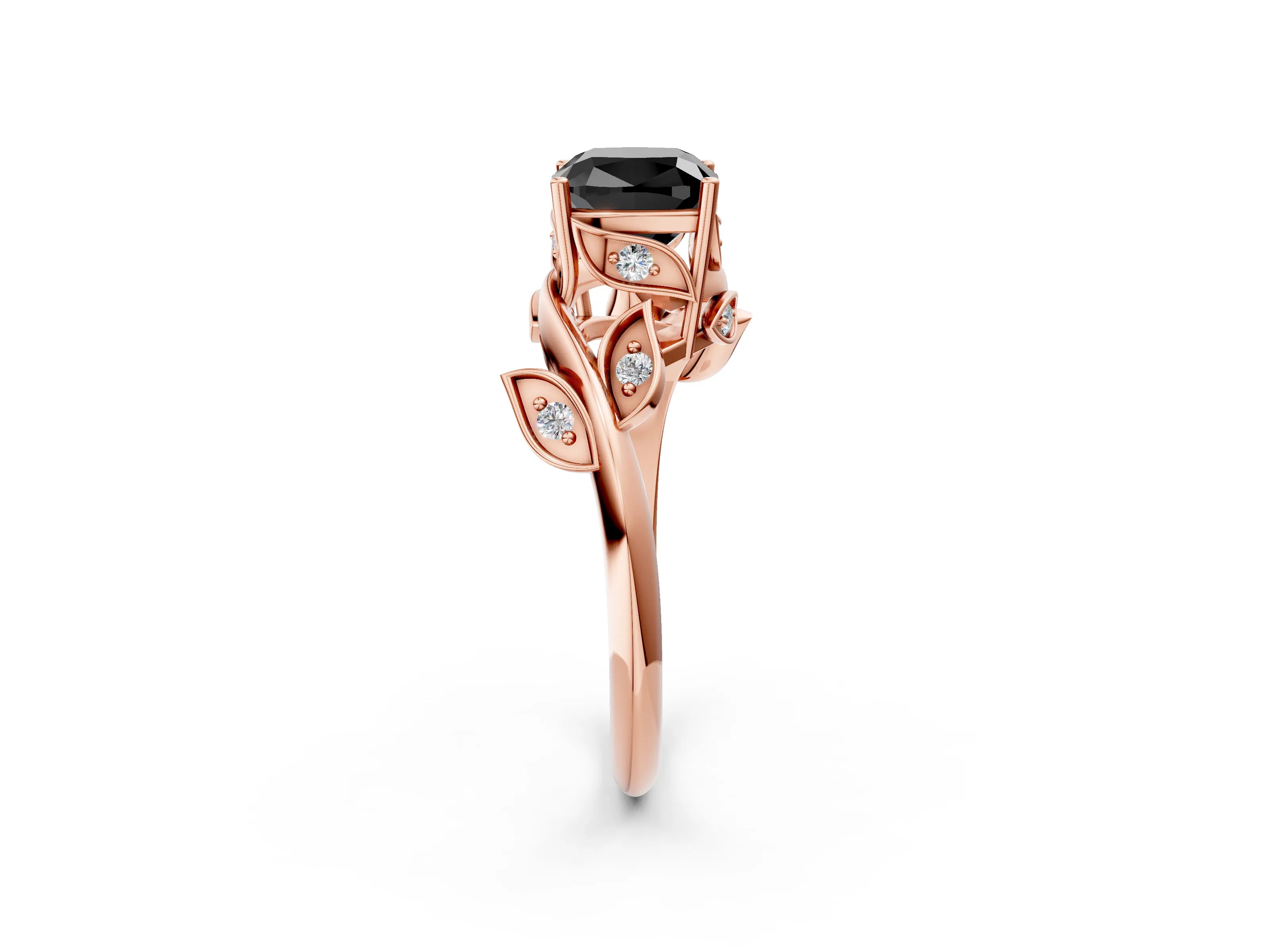 Rose gold Fancy Black Cushion Cut Solitaire Twist Engagement Ring with Leaf Accents and Prong Setting_15