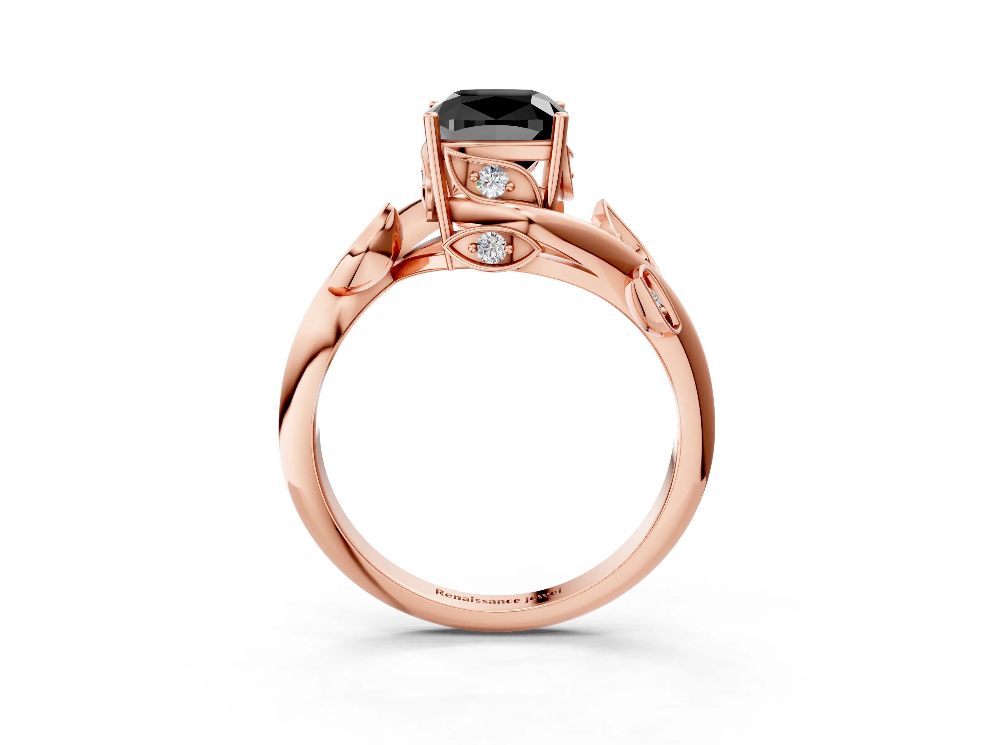 Rose gold Fancy Black Cushion Cut Solitaire Twist Engagement Ring with Leaf Accents and Prong Setting_16
