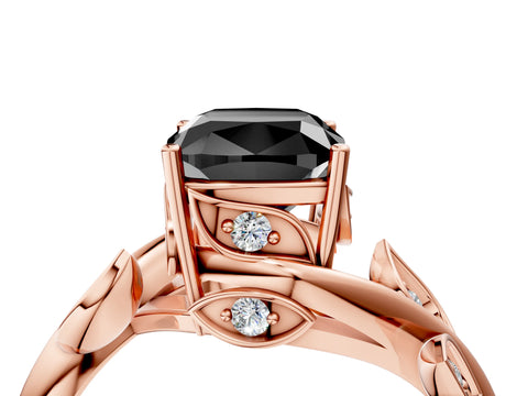 Rose gold Fancy Black Cushion Cut Solitaire Twist Engagement Ring with Leaf Accents and Prong Setting_17