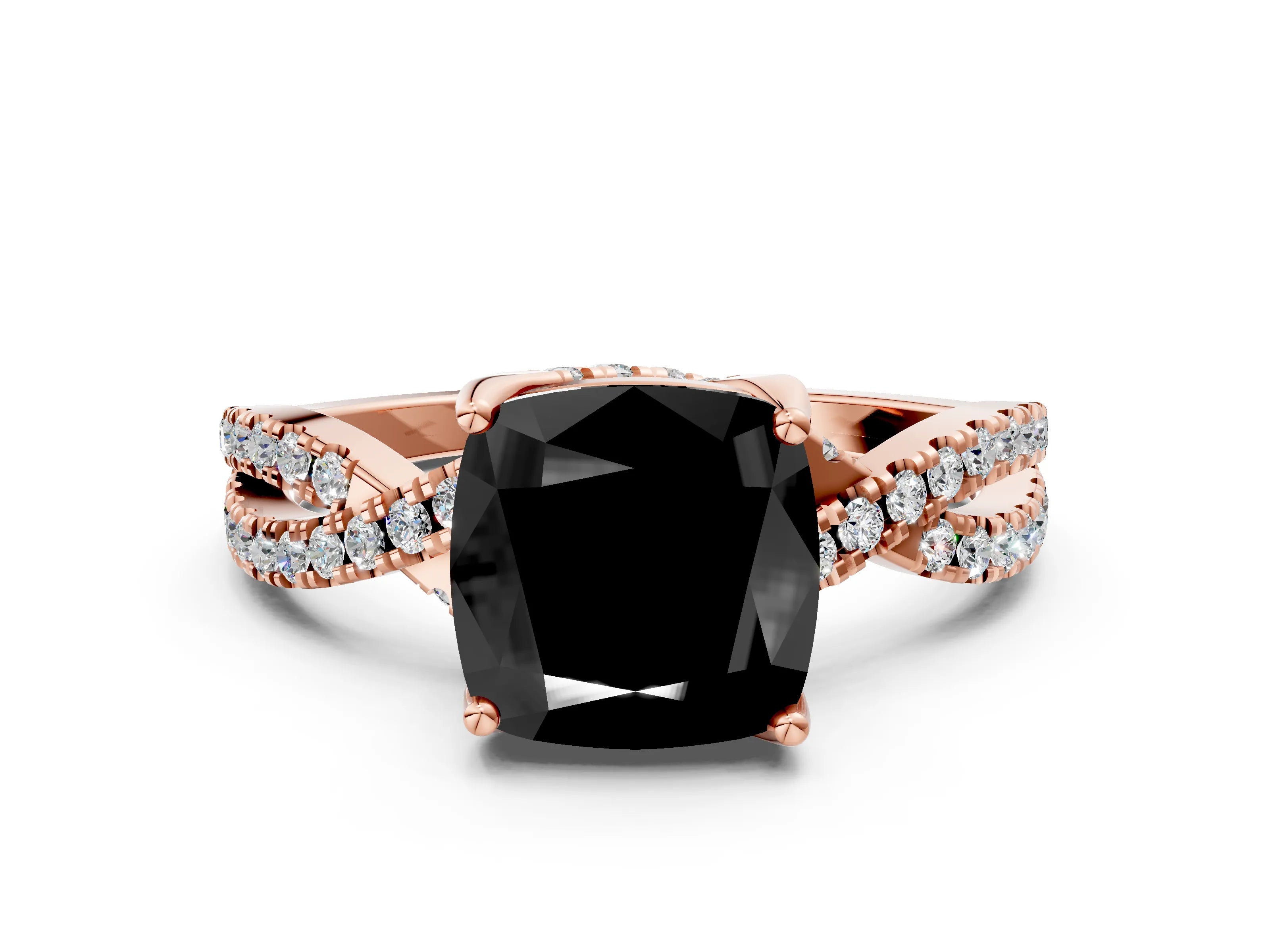 Rose gold Fancy Black Cushion Cut Solitaire Twist Pave Diamond Engagement Ring with Prong Setting