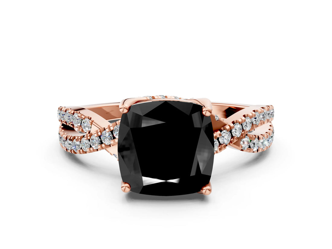 Rose gold Fancy Black Cushion Cut Solitaire Twist Pave Diamond Engagement Ring with Prong Setting