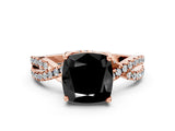 Rose gold Fancy Black Cushion Cut Solitaire Twist Pave Diamond Engagement Ring with Prong Setting