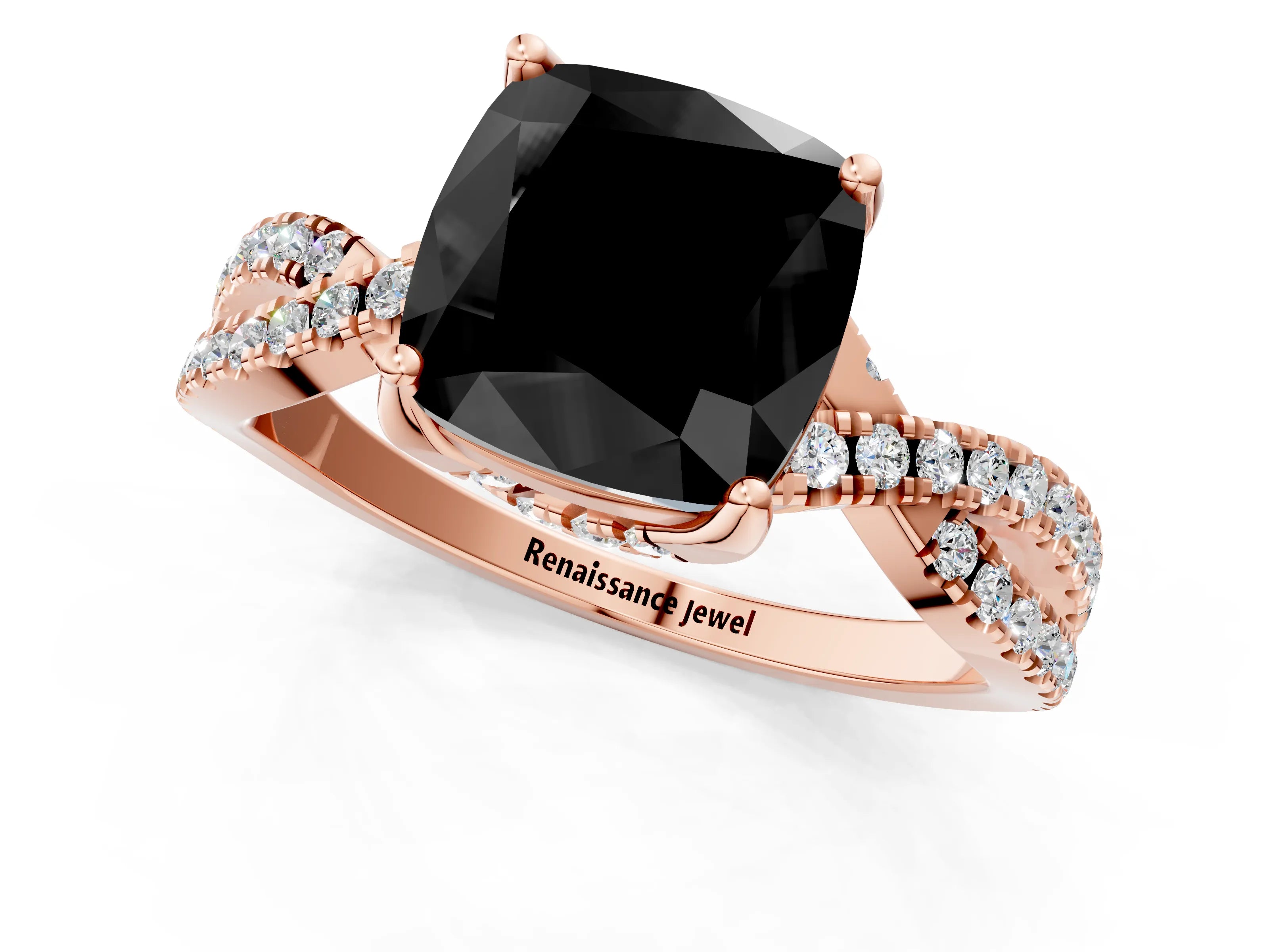 Rose gold Fancy Black Cushion Cut Solitaire Twist Pave Diamond Engagement Ring with Prong Setting_1