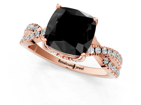 Rose gold Fancy Black Cushion Cut Solitaire Twist Pave Diamond Engagement Ring with Prong Setting_1